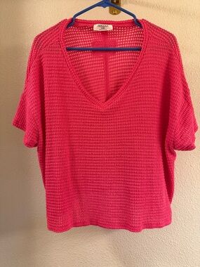 Zenana Outfitters Bright Pink V-Neck Waffle Knit Sweater